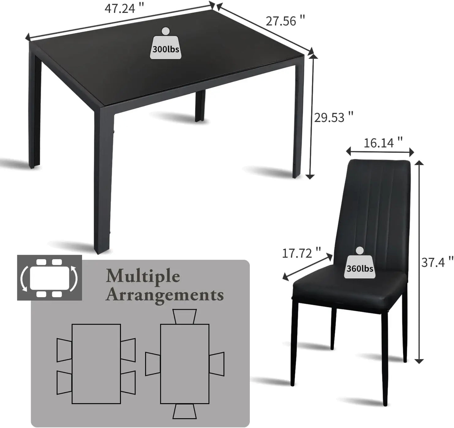 Juego de mesa de comedor para 4, mesa de cocina de 5 piezas y sillas para 4, mesa de comedor de vidrio moderna y sillas de metal de cuero PU, cocina