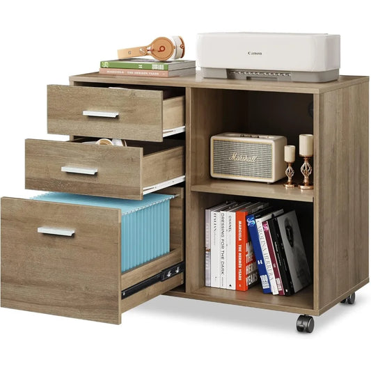 Archivador de madera con 3 cajones DEVAISE, archivador lateral móvil, soporte para impresora con estantes de almacenamiento abiertos para oficina en casa, gris