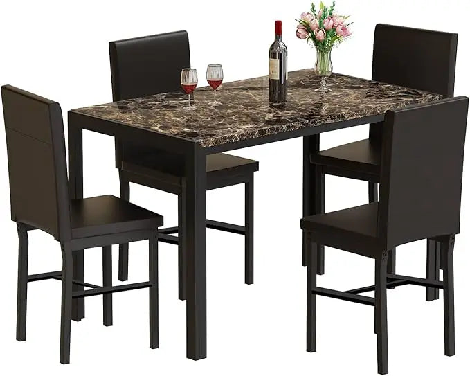 Juego de mesa de comedor MIERE para 4, juego de mesa de comedor de mármol de 5 piezas con 4 sillas con marco de metal de terciopelo para cocina, bar y sala de estar