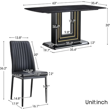 Juego de mesa de comedor para 6 personas, mesa y sillas para 6 personas, mesa con diseño de imitación de mármol negro con 6 sillas de comedor adecuadas para juegos de cocina