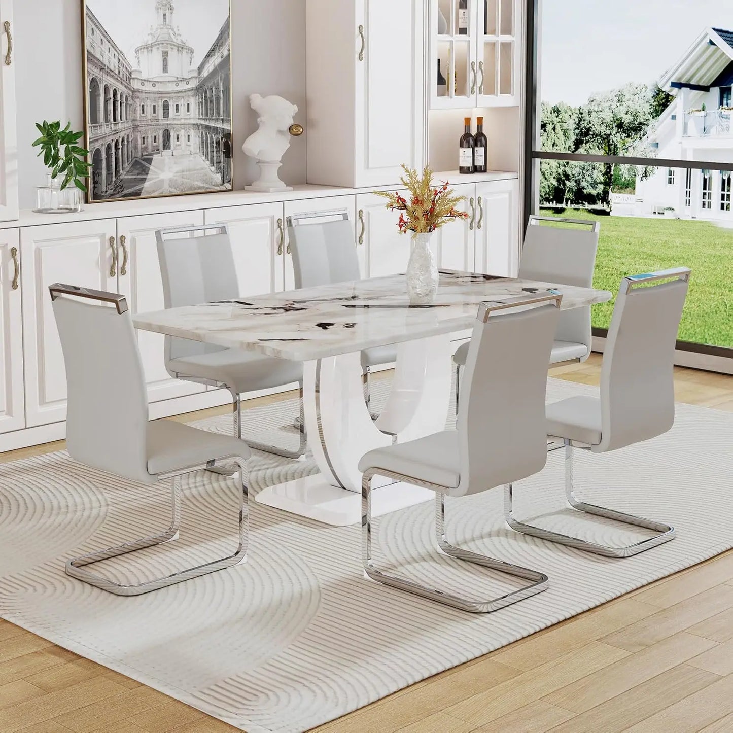 Juego de mesa de comedor moderna para 6 personas, juego de mesa de comedor de imitación de mármol blanco para 6 personas, juego de 6 sillas de cocina rectangulares de 63"