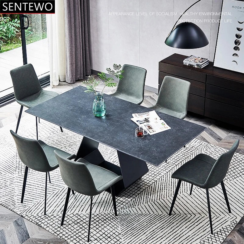 SENTEWO Table à manger en dalle de roche italienne avec 4 chaises et base en acier au carbone Tables en faux marbre Meubles de cuisine Cuisine avec chaise