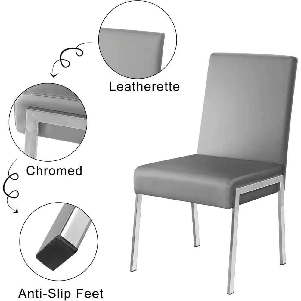 Juego de 4 sillas de comedor modernas de piel sintética, sillas decorativas grises sin brazos con patas de metal cromado para cocina