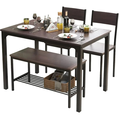 Juego de mesa de comedor para 4, juego de mesa de cocina con sillas y banco, juego de mesa de comedor de 4 piezas para espacios pequeños, apartamento