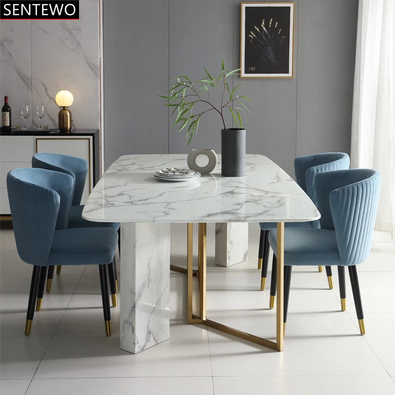 SENTEWO Ensemble de table à manger de cuisine et 6 chaises de luxe en marbre italien avec base en acier inoxydable doré