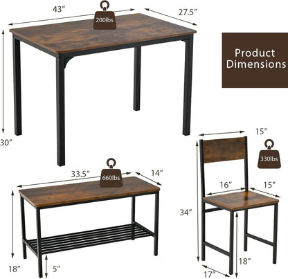 Juego de mesa de comedor para 4 personas, mesa de cocina con banco y sillas, juego de comedor con banco de reunión industrial con estructura de metal y estante de almacenamiento