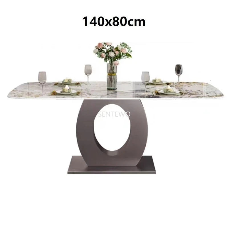 Juego de mesa de comedor de lujo de diseñador con losa de mármol y 8 sillas, mesa de comedor, muebles de mármol, base de acero inoxidable dorado