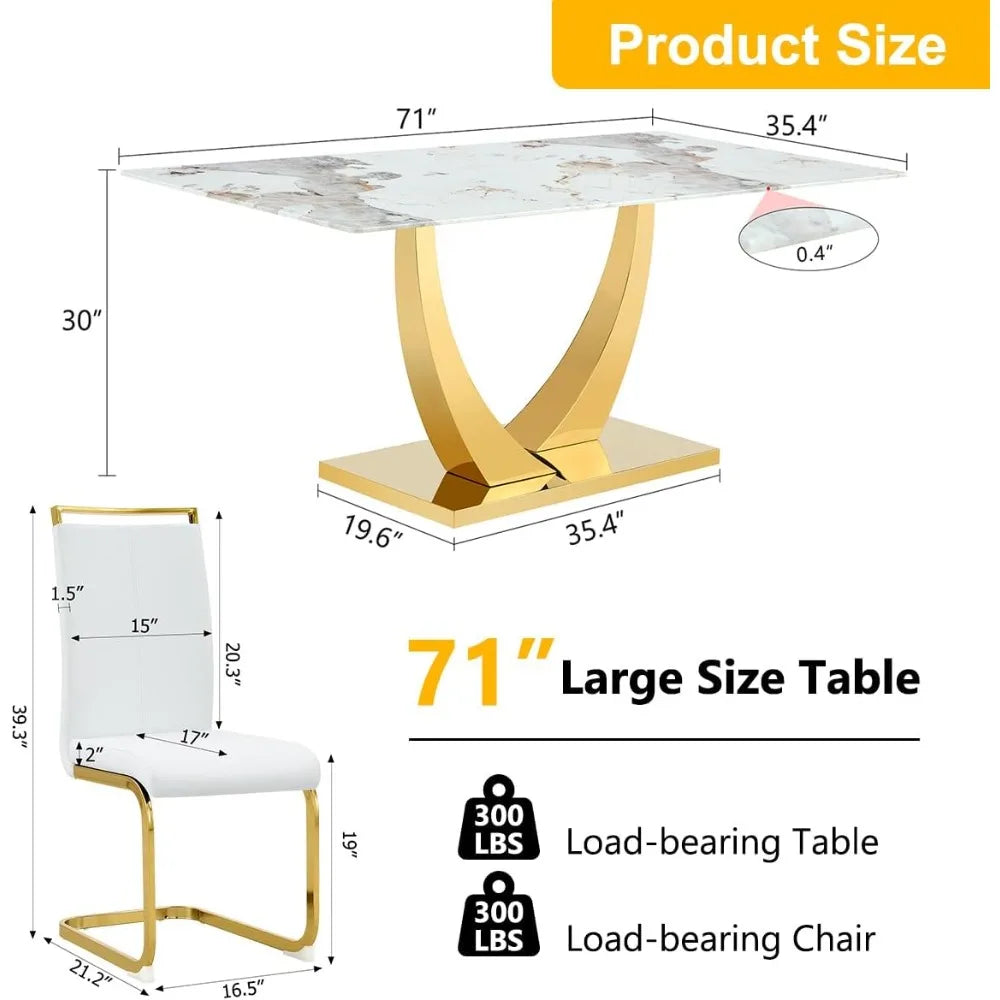 Juego de mesa de comedor de imitación de mármol para 6 personas, mesa de comedor rectangular dorada y 6 sillas de cuero sintético blanco, juego de mesa de vidrio templado de 71"