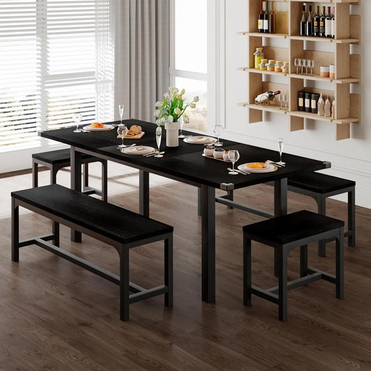 Juego de mesa de cocina extensible grande de 63" para 4-8 personas con 2 bancos y 2 taburetes cuadrados, mesa de comedor con base de madera MDF