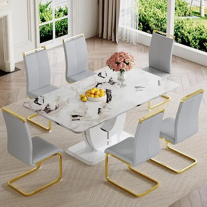 Juego de mesa de comedor moderna para 6 personas, juego de mesa de comedor de imitación de mármol blanco para 6 personas, juego de 6 sillas de cocina rectangulares de 63"