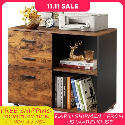 3-drawer Wooden Filing Cabinet, Printer Rack with Open Storage Rack for Home Office, Rural Brown Filing Cabinet