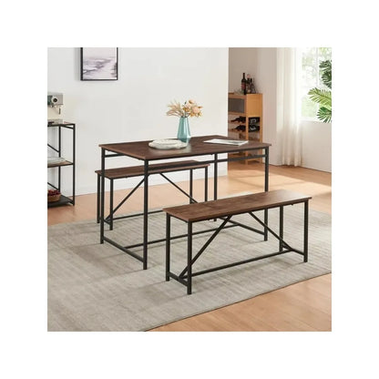 3 Piece Dining Room Table Set 43 Inch Kitchen Table with Two Benches Breakfast Table Top with Sew Kerf Finish Metal Frame Dining