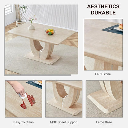 Juego de mesa de comedor de madera moderna para 6 personas con tablero de imitación mármol y 6 sillas tapizadas de cuero PU, veta de madera beige