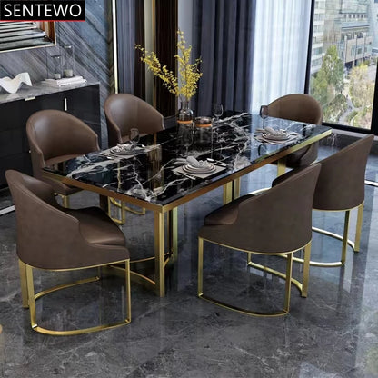 SENTEWO Ensemble de table à manger de cuisine en marbre de luxe italien avec 4 chaises et cadre doré en métal émaillé titane pour table à manger Mesa Jantar