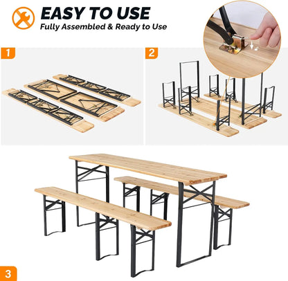 Folding Picnic Tables with Benches Set, Weather-Resistant Wooden Beer Garden Table Bench