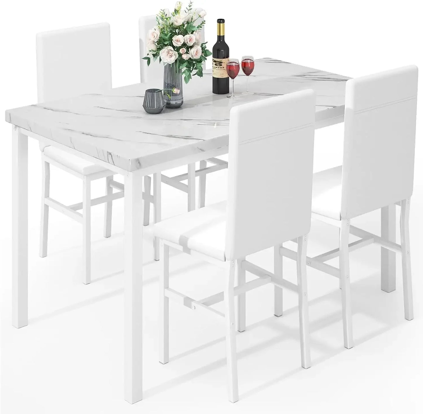 Ensemble de table à manger pour 4 personnes Table de cuisine peu encombrante et chaises pour 4 personnes, ensemble de table de salle à manger en faux marbre 5 pièces avec 4 chaises en cuir PU