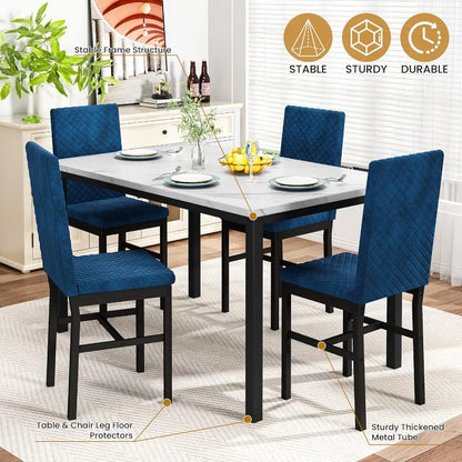 Juego de comedor de mármol Recaceik para 4 personas: mesa de imitación de mármol y 4 sillas tapizadas de terciopelo para cocina o comedor (blanco y azul)