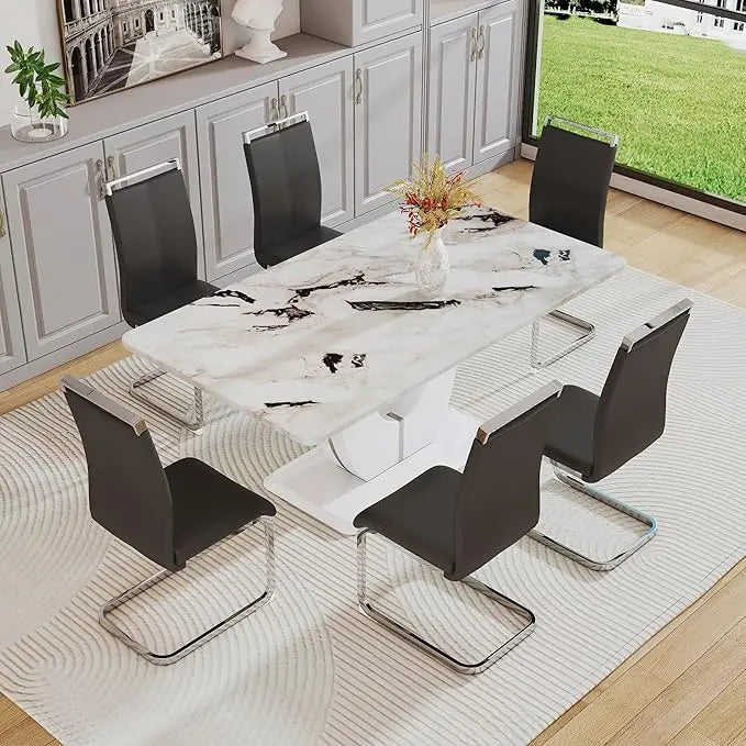 Juego de mesa de comedor moderna para 6 personas, juego de mesa de comedor de imitación de mármol blanco para 6 personas, juego de 6 sillas de cocina rectangulares de 63"