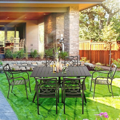 Ensemble de meubles de salle à manger pour patio avec chaises et table en fer forgé pour extérieur - Chaises en métal empilables, table de bistrot à lattes en acier pour jardin