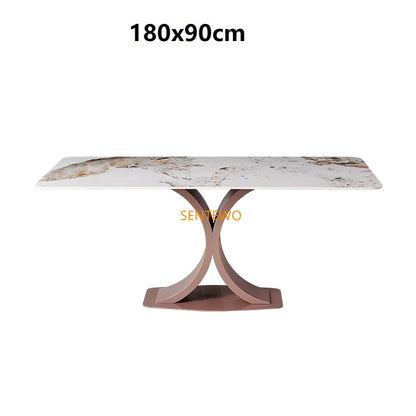 Mesa de comedor de lujo SENTEWO con losa de roca y silla de acero inoxidable con base de oro rosa y mármol sintético, muebles para cocina