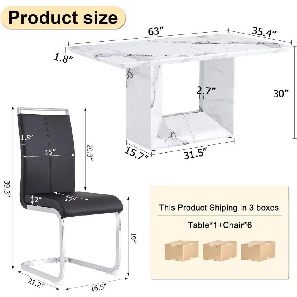 Juego de mesa de comedor para 6, mesa de cocina de 63'' y sillas para 6, mesa de mármol sintético blanco y juego de 6 sillas de cuero sintético para comedor