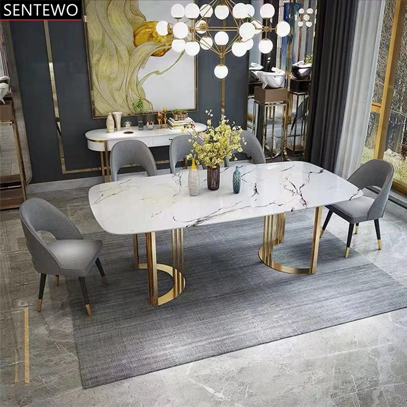 SENTEWO Ensemble de table à manger de luxe en marbre italien 6 chaises en acier inoxydable avec base plaquée or Meubles de maison Mesa Com 4 Cadeiras