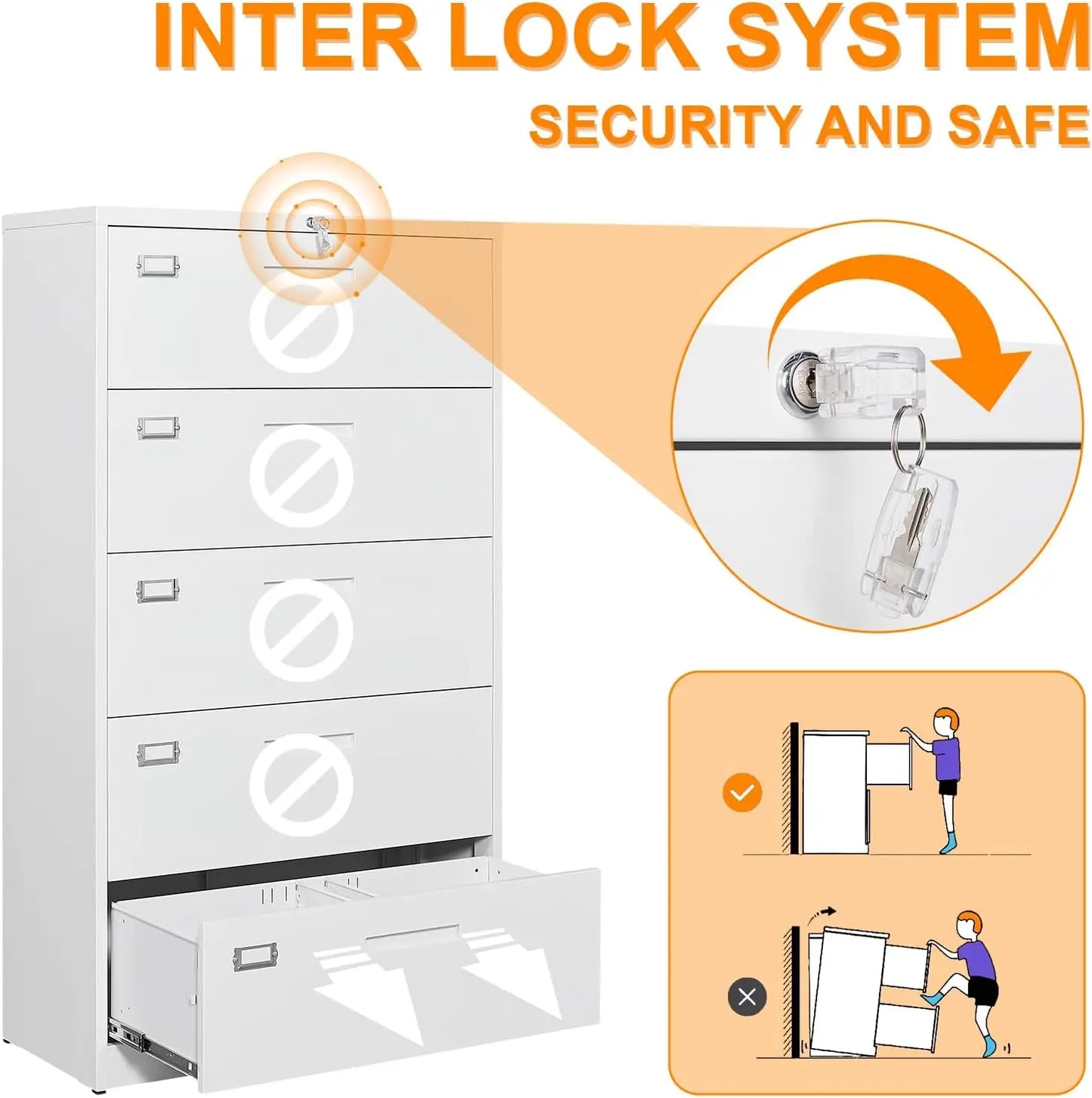 File Cabinet 5 Drawer, Lateral Filing Cabinet with Lock, Metal File Cabinets for Home Office, Office Cabinet for Hanging Files L