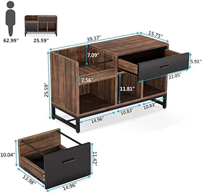 Archivador rústico marrón de 39 pulgadas con 2 cajones, archivadores laterales, soporte para impresora con estantes de almacenamiento, cajón para cartas