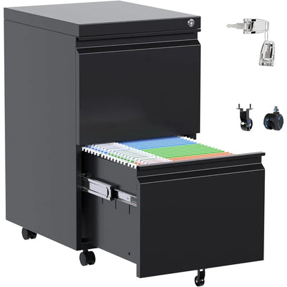 Archivador móvil de metal con 2 cajones y cerradura, archivador de acero para debajo del escritorio, archivador de tamaño legal de 25,6 pulgadas de alto