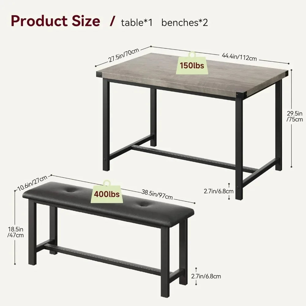 Juego de mesa de comedor para 4, mesa de cocina con bancos, juego de mesa de comedor rectangular con 2 bancos tapizados, 3 piezas