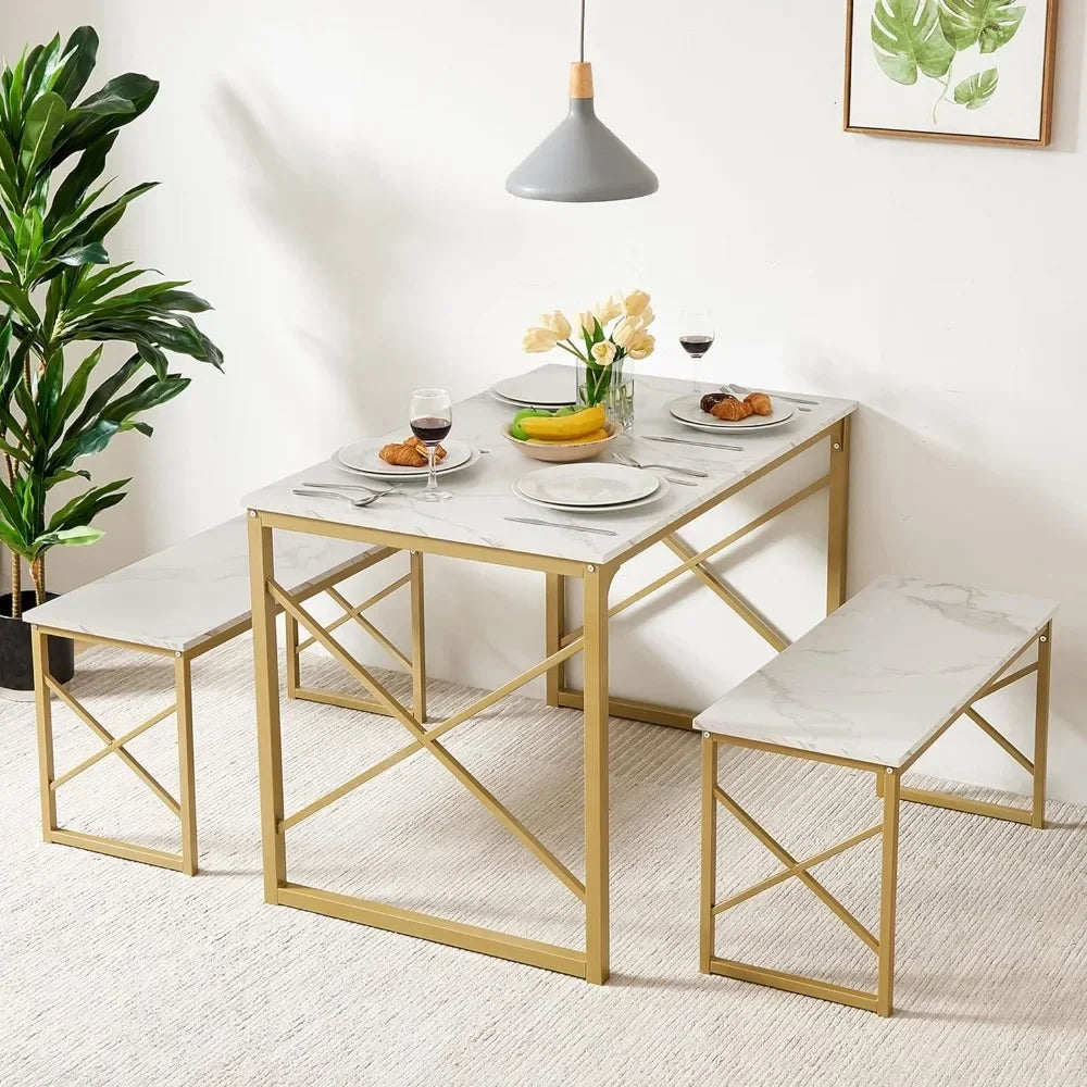 Paquete de 4 sillas de comedor, mesa de cocina con 2 bancos para 4 personas, juego de muebles de sala de estar de 43,3 pulgadas, taburetes de bar blancos y dorados