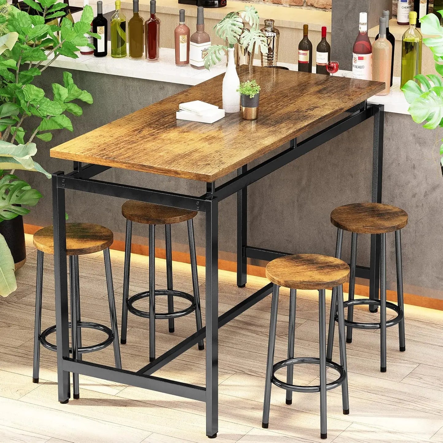 Juego de mesa de comedor para 4 personas, mesa de bar y sillas para 4 personas, mesa de comedor de altura de mostrador, 4 taburetes con respaldo tapizado de cuero de PU