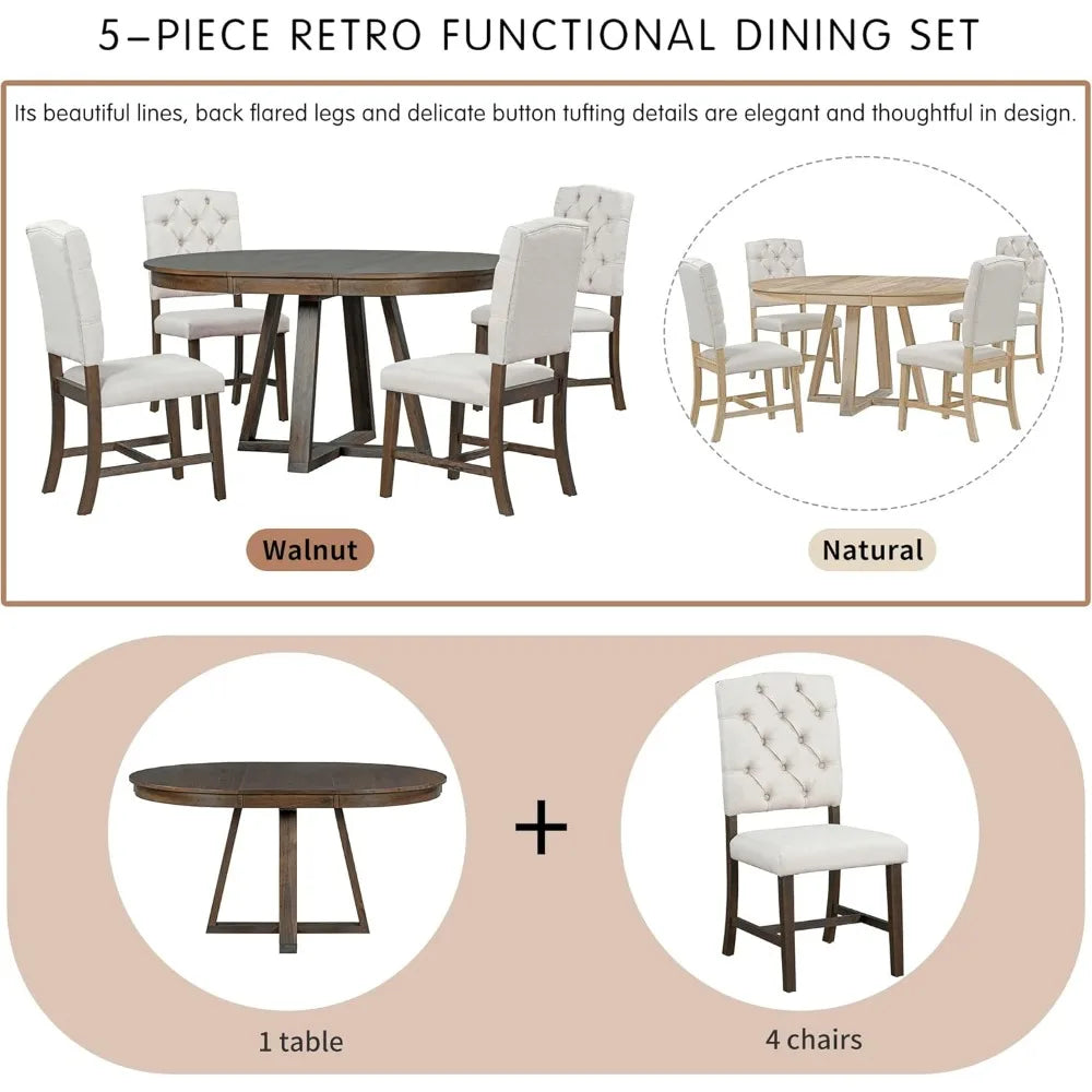 Juego de mesa de comedor extensible redonda con 4 sillas tapizadas, juego de comedor de cocina de 5 piezas con mesa redonda, juego de comedor de madera