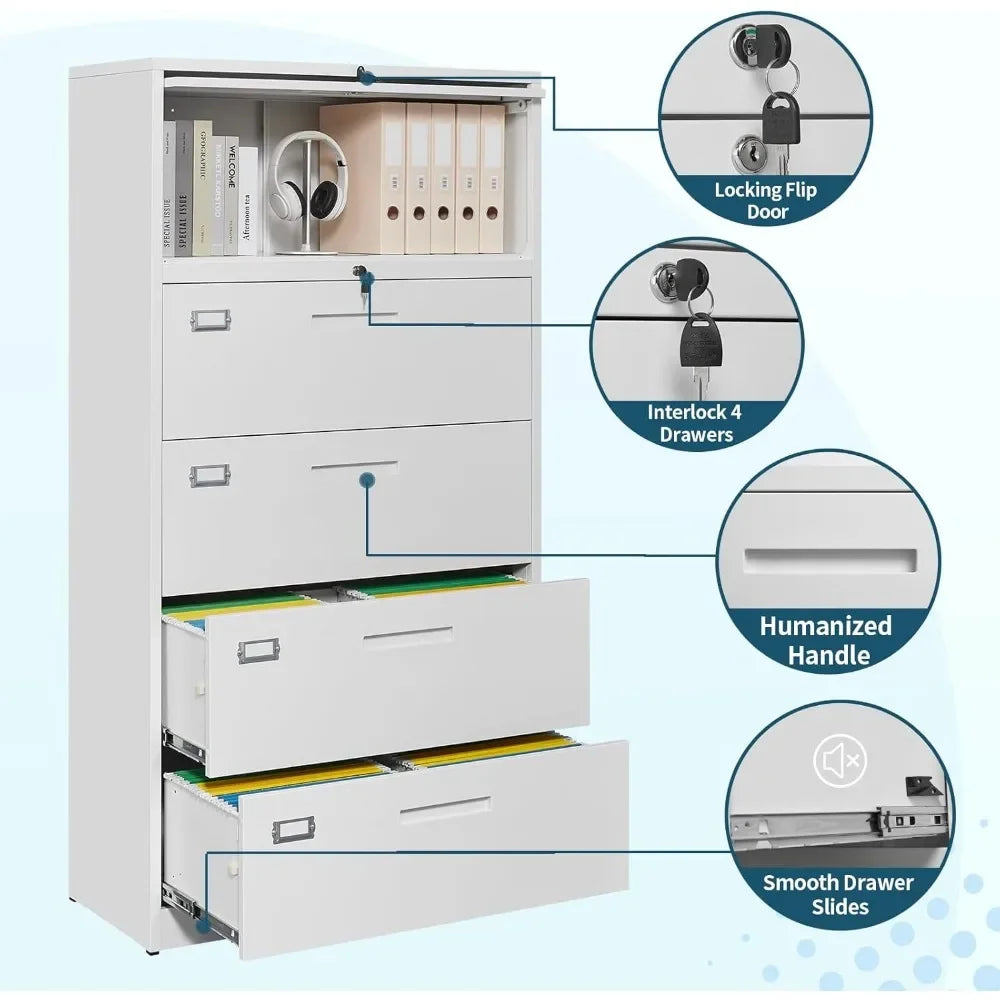 Archivador con estante y puerta abatible, archivadores laterales de metal de 5 niveles con cerradura, archivador de 4 cajones