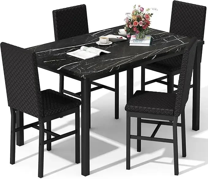 Ensemble de table à manger pour 4 personnes, tables de salle à manger en faux marbre avec 4 chaises de salle à manger rembourrées en velours, ensemble table et chaises de cuisine