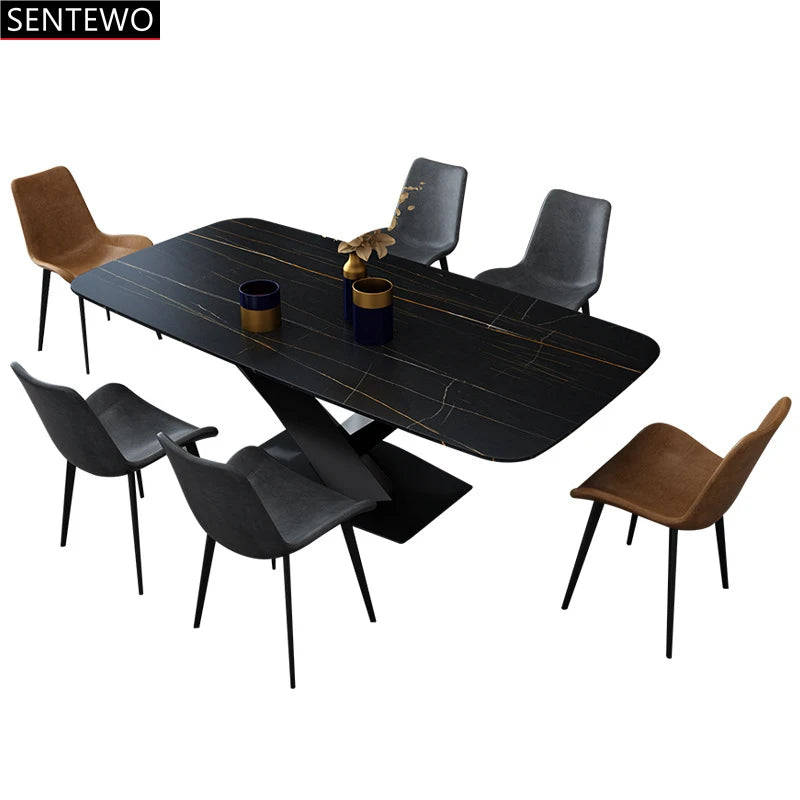 SENTEWO Table à manger de cuisine en marbre italien avec 6 chaises, cadre en acier au carbone, ensemble de tables à manger et de chaises Mesa Com 4 Cadeiras