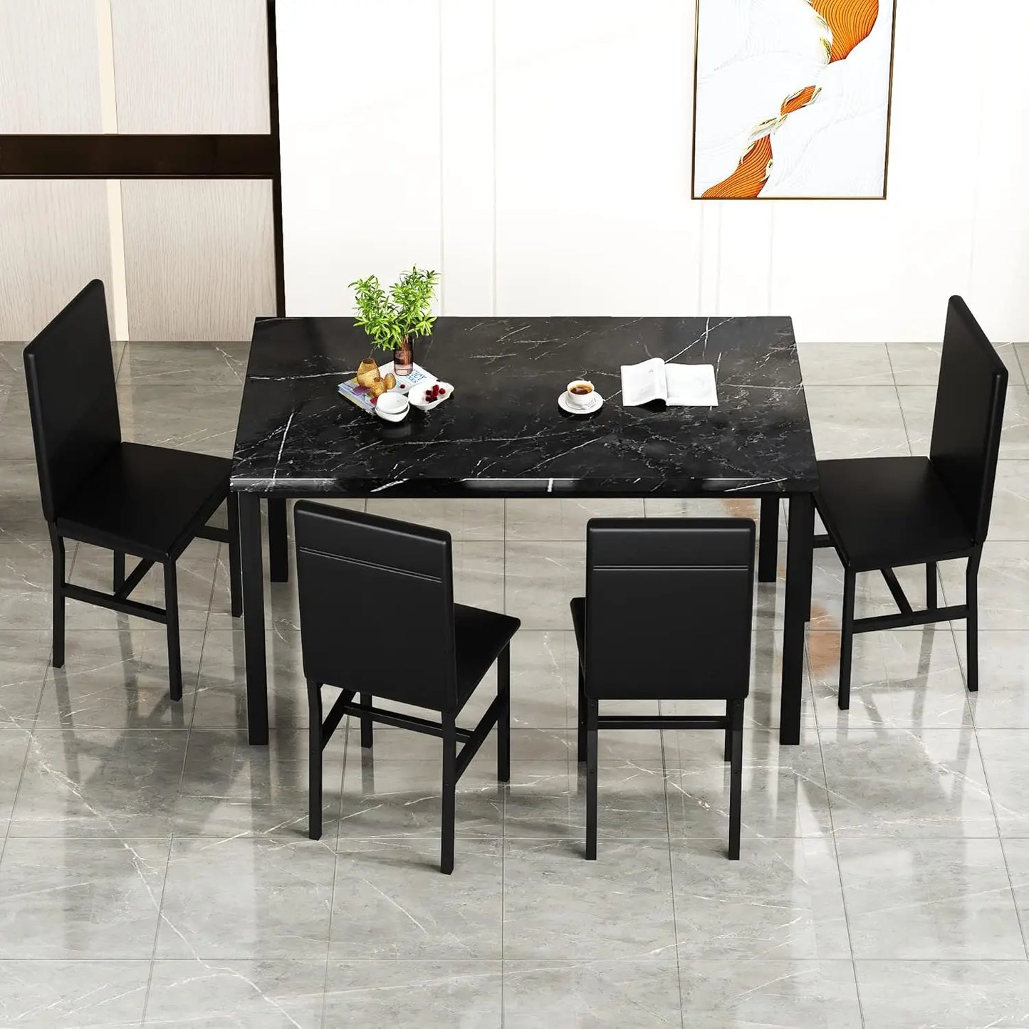 Table à manger en faux marbre noir avec 4 chaises rembourrées, ensemble de salle à manger 5 pièces pour petit espace, table de petit-déjeuner et bar