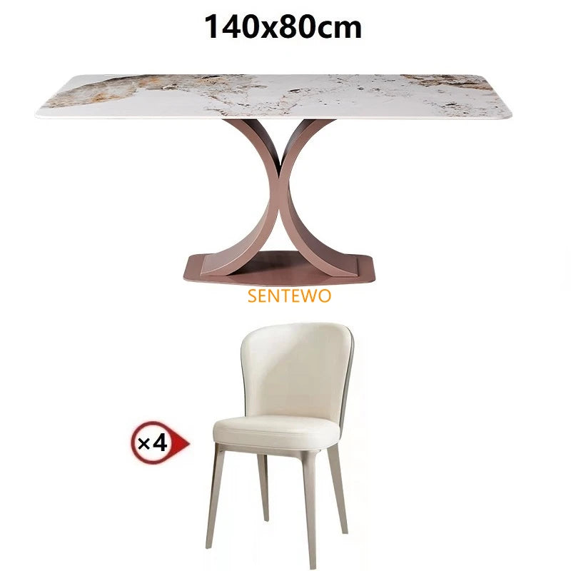 Mesa de comedor de lujo SENTEWO con losa de roca y silla de acero inoxidable con base de oro rosa y mármol sintético, muebles para cocina