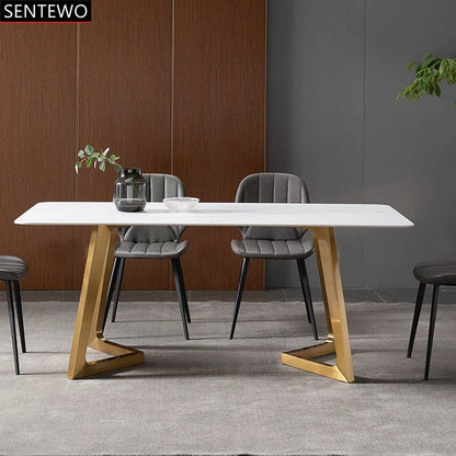 SENTEWO Luxury Rock Slab Kitchen Dining Table With Chair Set Stainless Steel Gold Base Faux Marble Top Table Mesa Com 6 Cadeiras