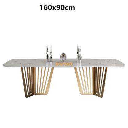 Mesa de comedor de cocina de mármol de lujo SENTEWO con juego de 8 sillas, mesa de comedor con base de metal esmaltado de titanio, mesas con 4 sillas