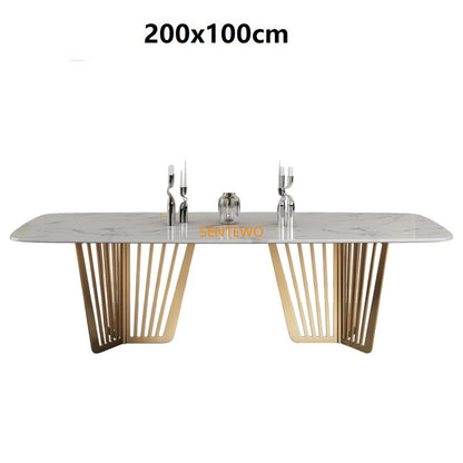 Mesa de comedor de cocina de mármol de lujo SENTEWO con juego de 8 sillas, mesa de comedor con base de metal esmaltado de titanio, mesas con 4 sillas