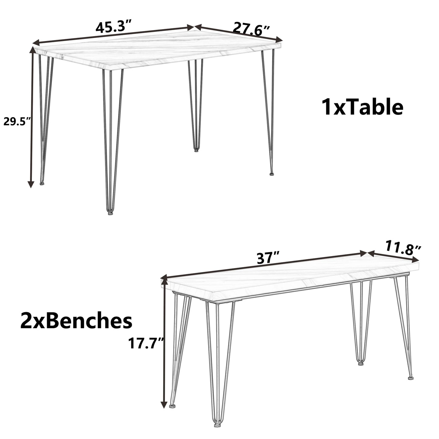 Juego de mesa de comedor rústica de 3 piezas con marco de hierro y mármol Faxu con 2 bancos y 1 mesa gruesa para 4 personas en espacios pequeños [EE. UU.-Oeste]