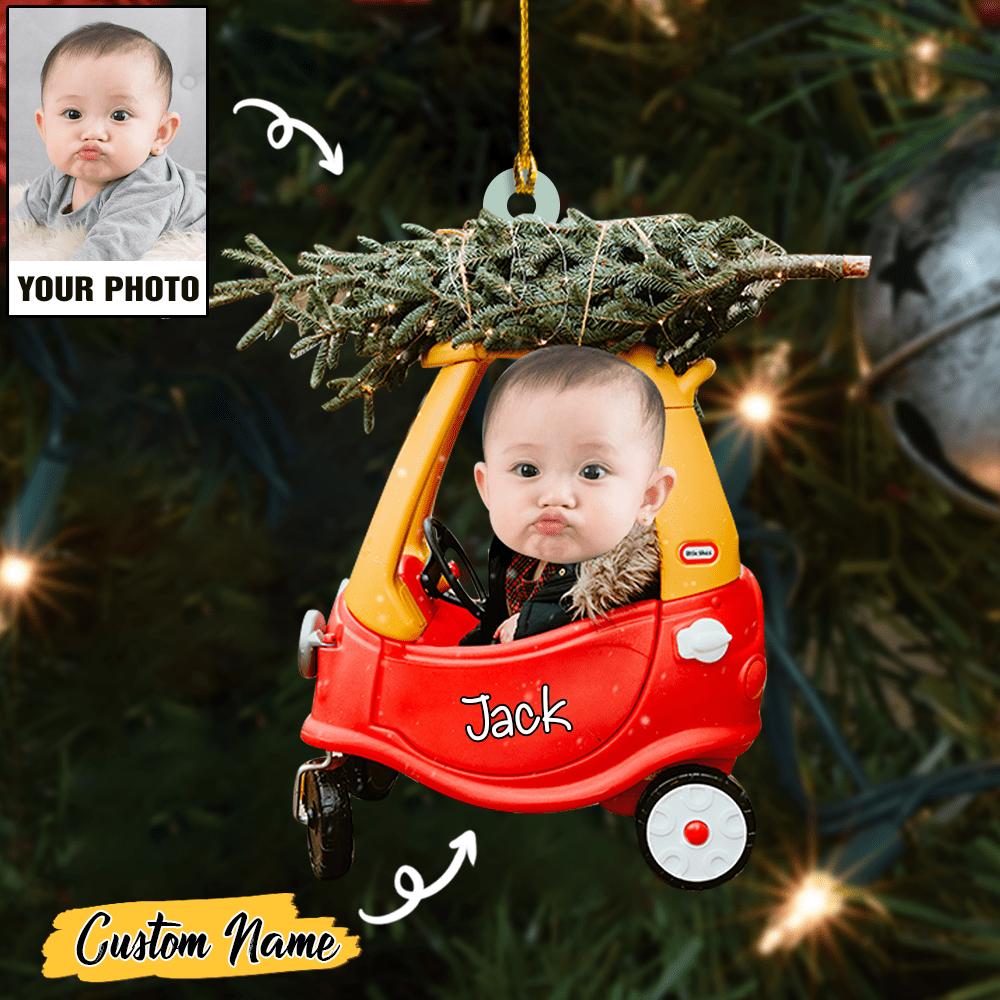 Custom Cute Baby Photo and Christmas Tree Ornament CTH01: Personalized holiday decoration for your little one with their name on it