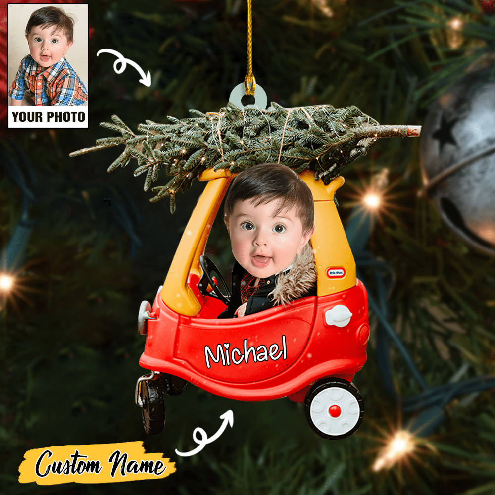 Custom Cute Baby Photo and Christmas Tree Ornament CTH01: Personalized holiday decoration for your little one with their name on it