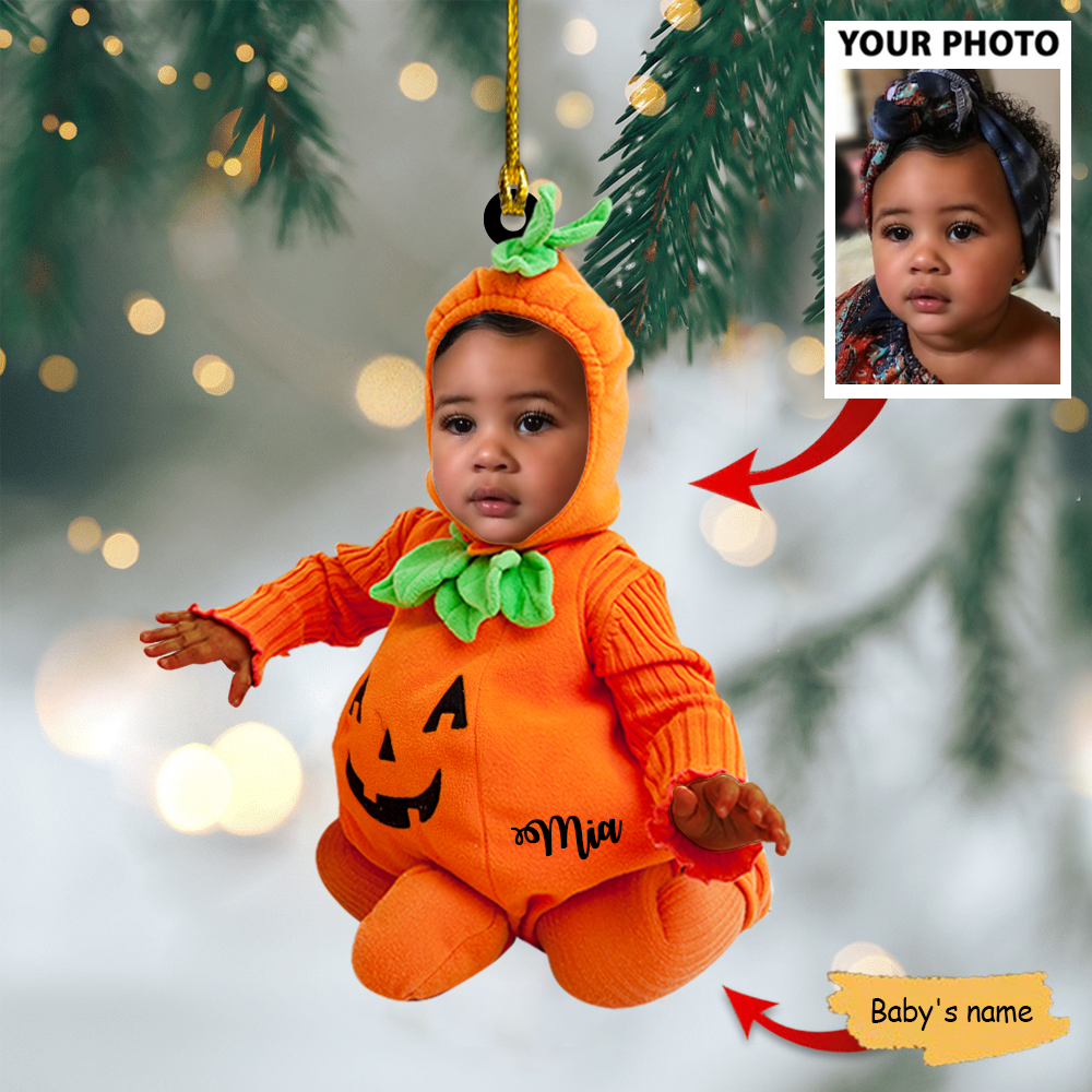 Custom Photo Baby Pumpkin Costume Ornament - Personalized Name and Baby's First Halloween