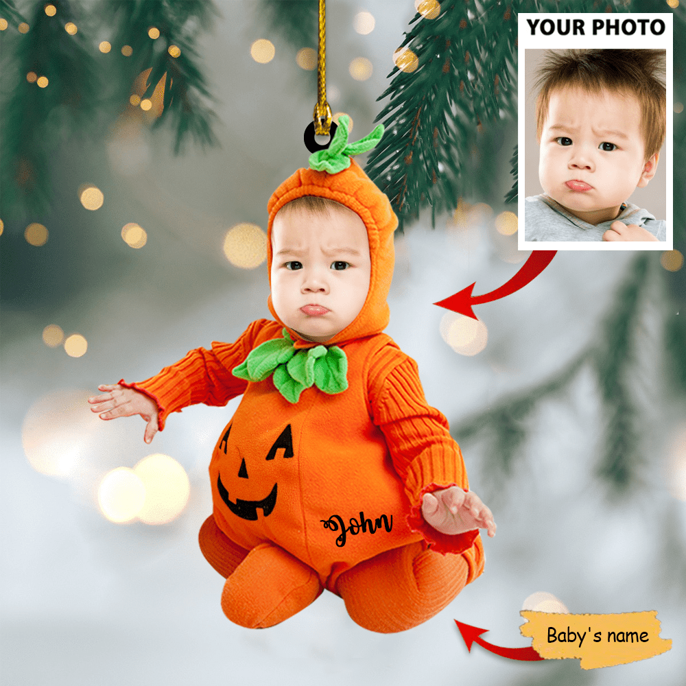 Custom Photo Baby Pumpkin Costume Ornament - Personalized Name and Baby's First Halloween