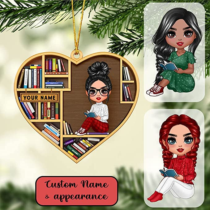 Personalized Book Lovers Christmas Ornament - Reading Girls Sitting On Books. Ideal gift for book enthusiasts. Suitable for Christmas and special occasions.