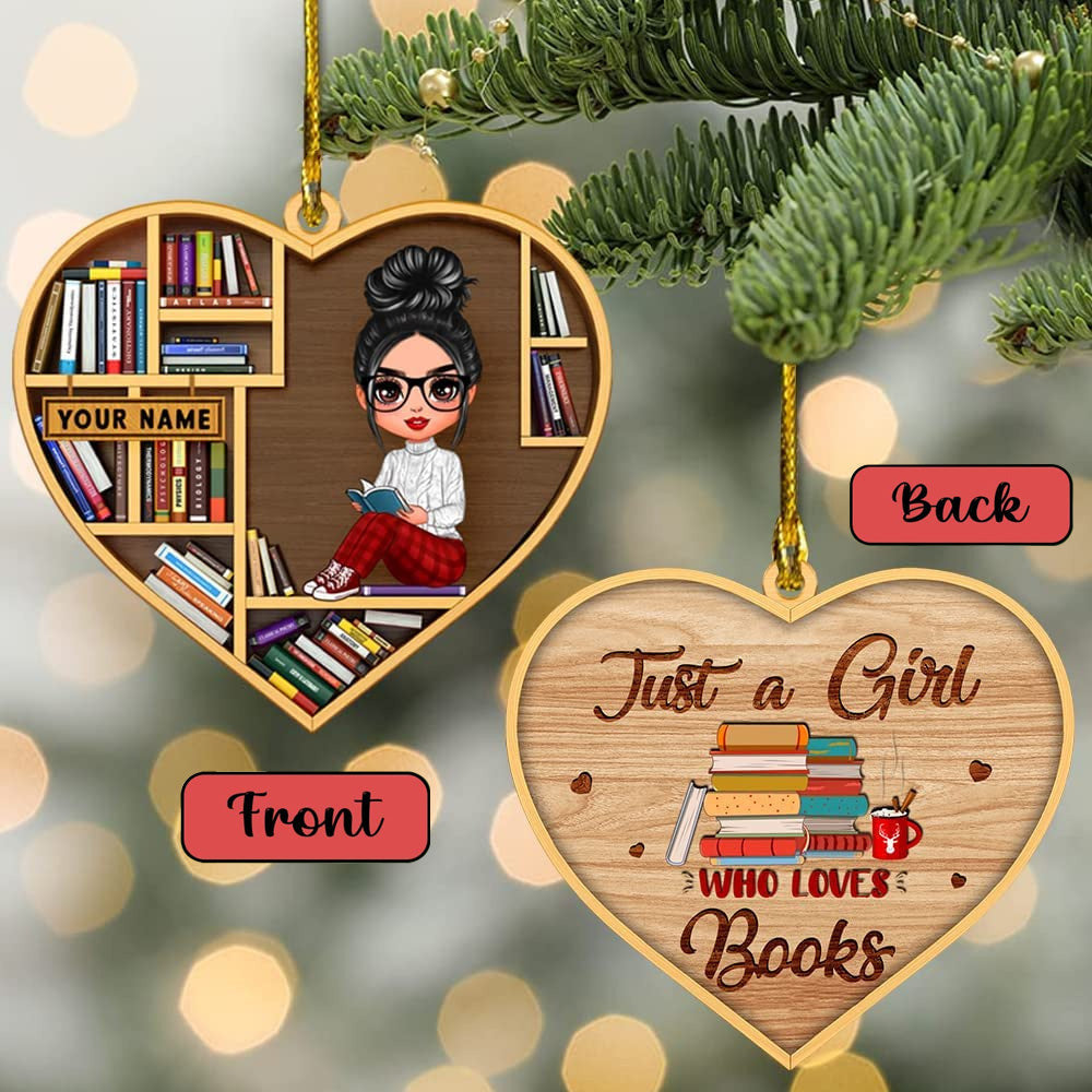 Personalized Book Lovers Christmas Ornament - Reading Girls Sitting On Books. Ideal gift for book enthusiasts. Suitable for Christmas and special occasions.