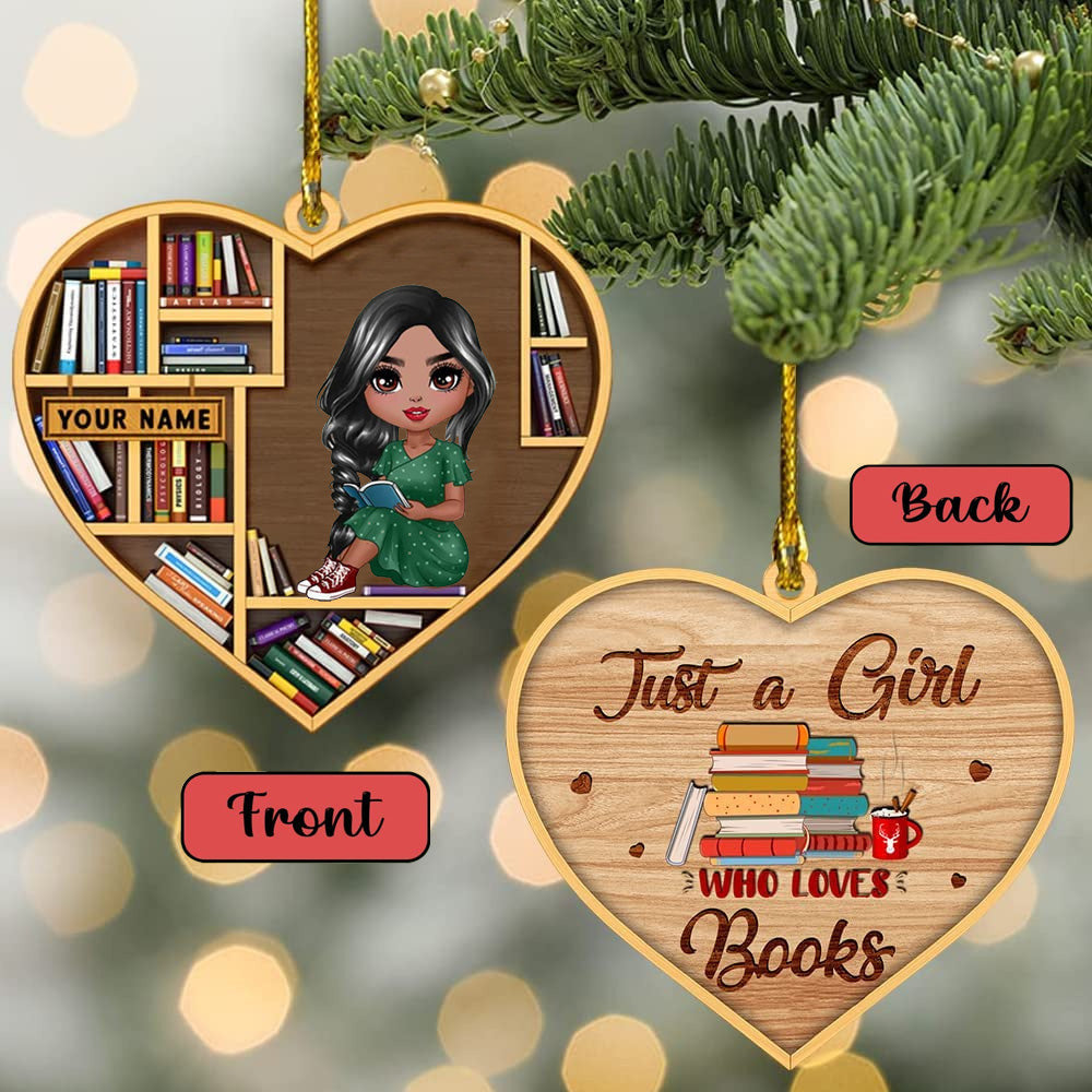 Personalized Book Lovers Christmas Ornament - Reading Girls Sitting On Books. Ideal gift for book enthusiasts. Suitable for Christmas and special occasions.