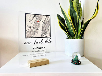 Our First Date Valentines Day Map Plaque - Couple Map, Gift for Her, Acrylic Plaque Couple Gift, Custom Locaiton, Valentine Gift